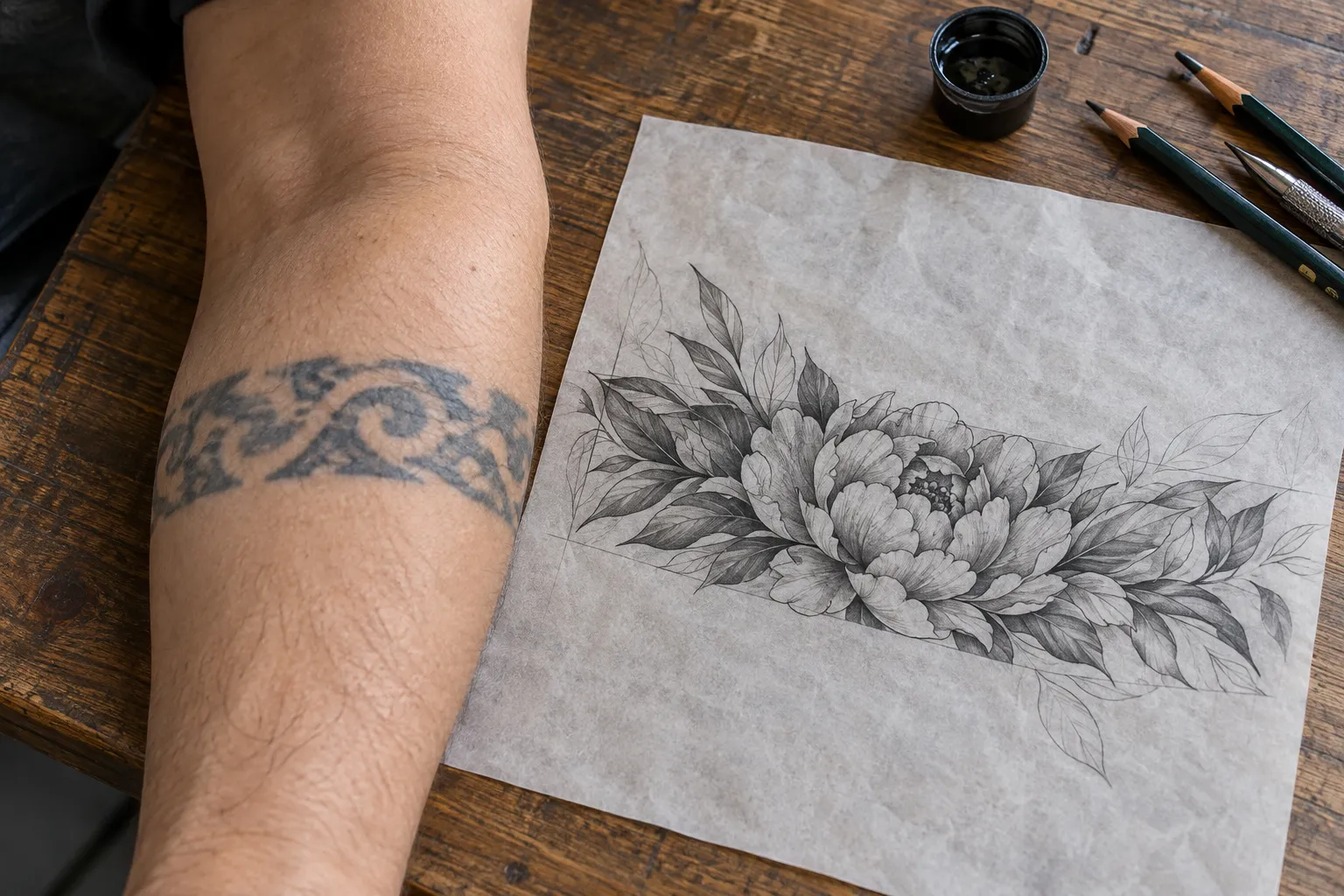 A forearm with a faded tribal band tattoo next to a pencil sketch of a black-and-grey peony planned to cover it
