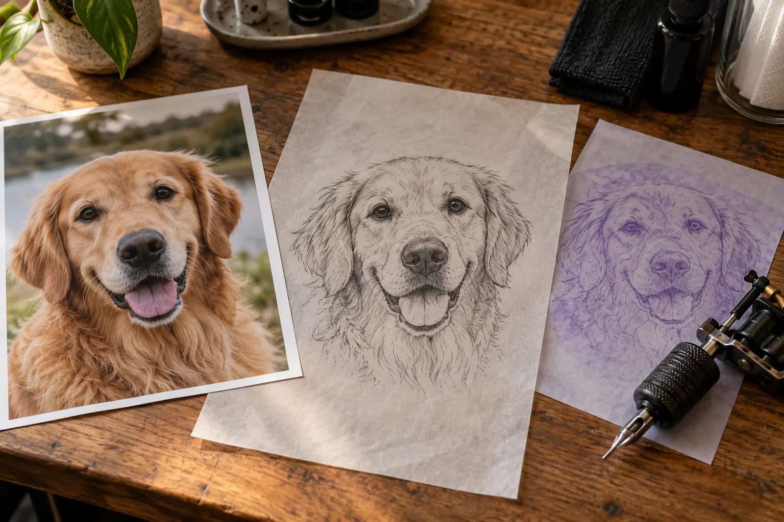 A dog photo, a fine-line tattoo sketch of the same dog, and a purple tattoo stencil laid out on a tattoo artist's desk