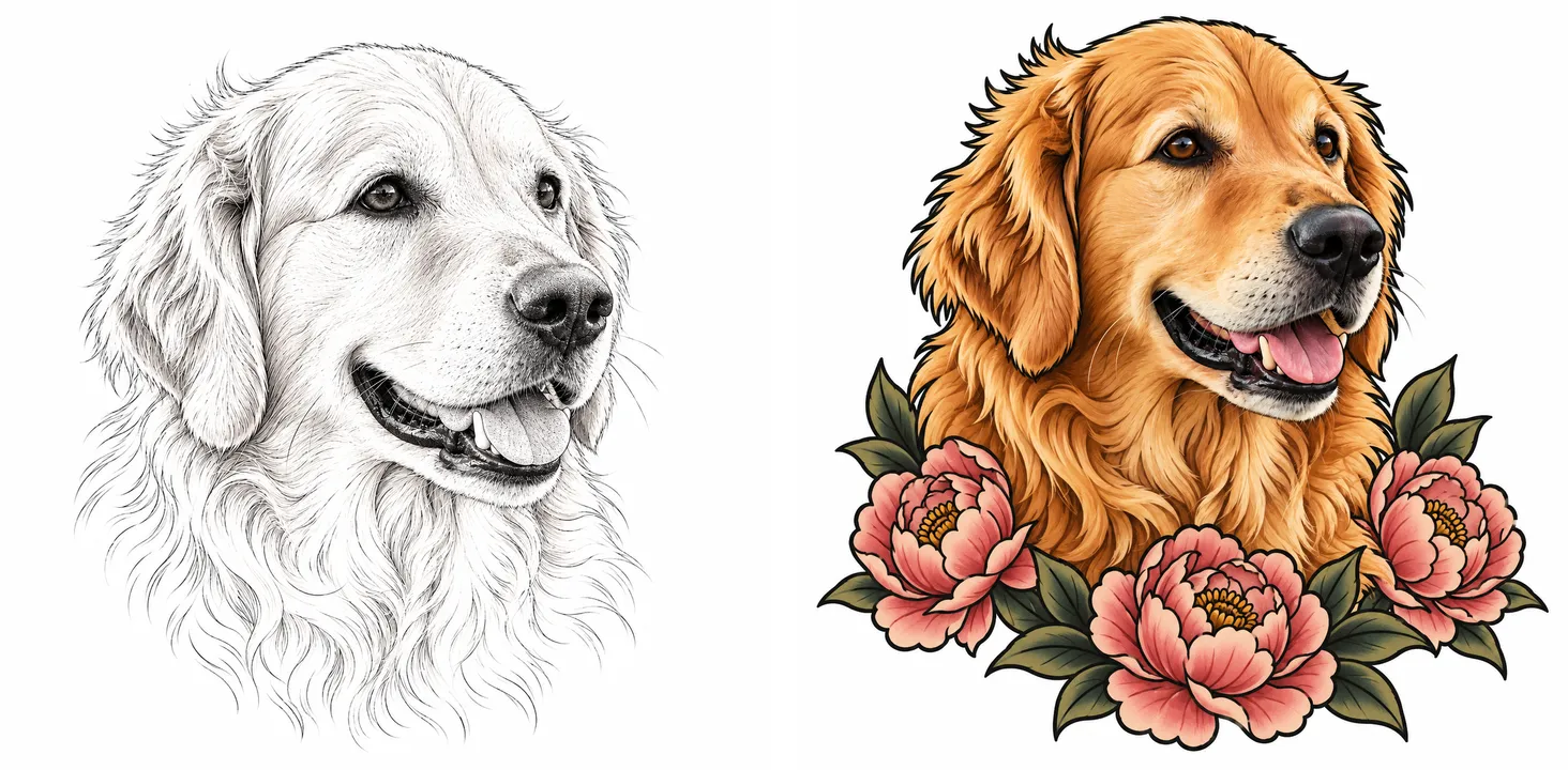 The same golden retriever as a fine-line tattoo design next to a neo-traditional color version framed with peonies