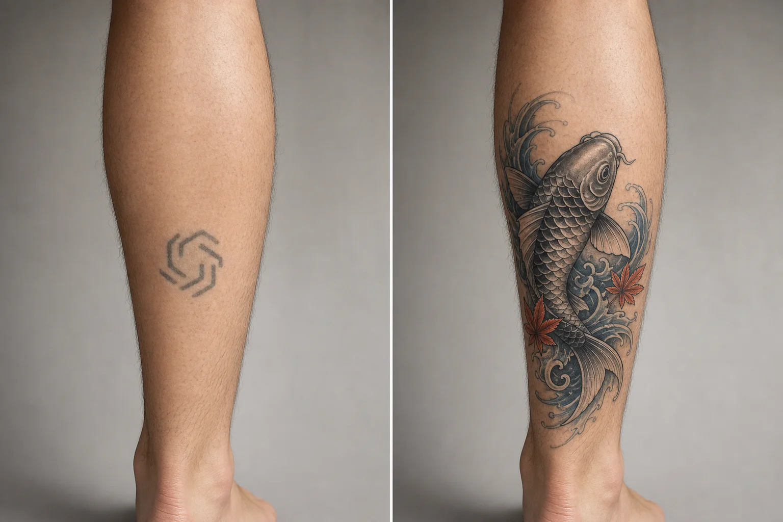 Synthetic before view of a faded angular emblem tattoo on an adult calf; AI-generated after concept with a Japanese koi, maple leaves, and water covering the faded emblem
