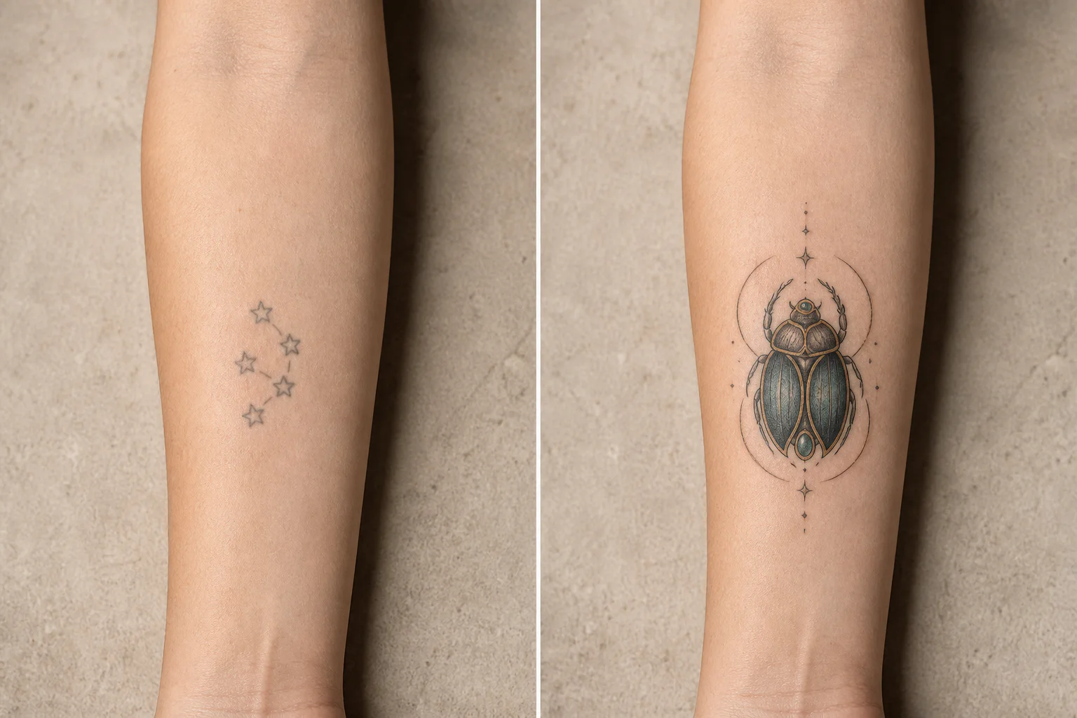 Synthetic before view of a faded star-cluster tattoo on an adult inner forearm; AI-generated after concept with a jeweled scarab and celestial arcs covering the faded stars