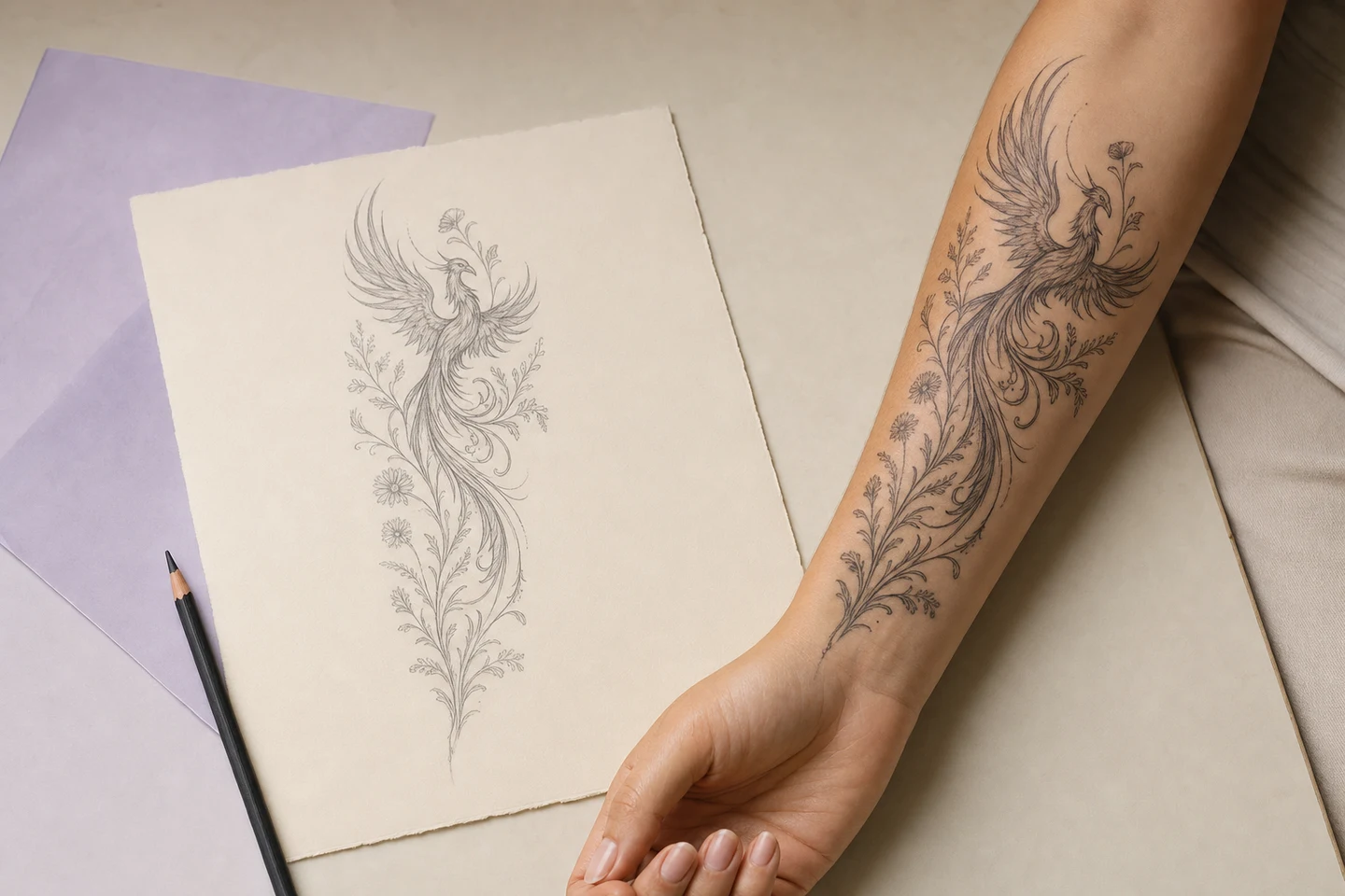 A phoenix tattoo design sketch beside its matching forearm placement preview