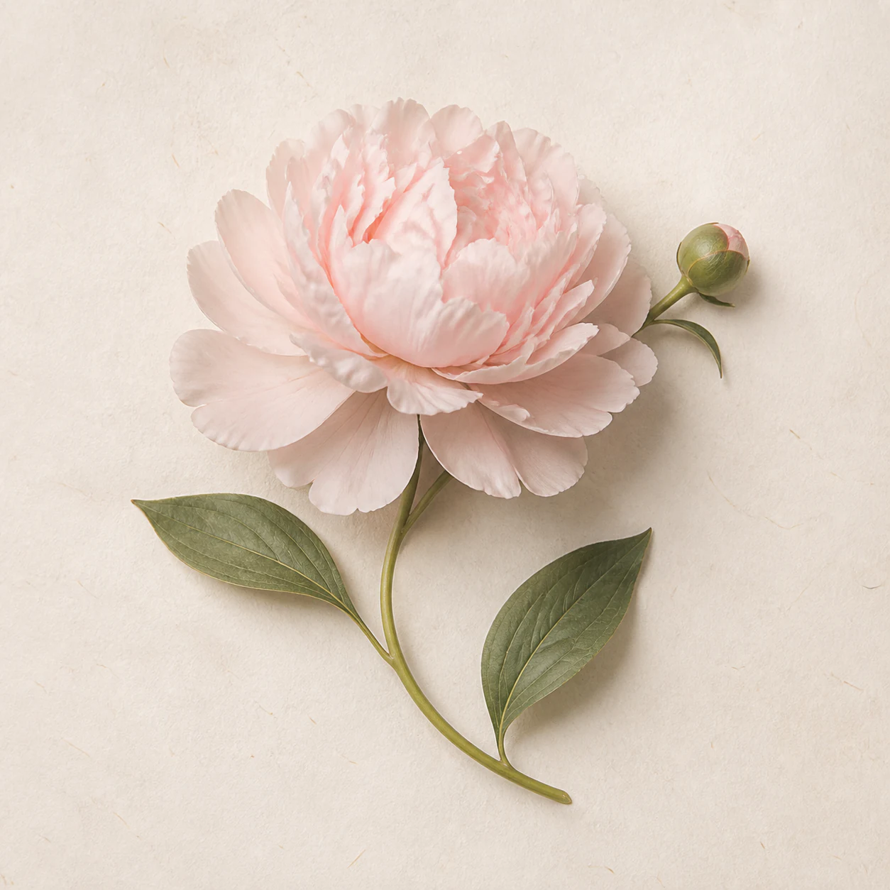 Original photograph of a pale pink peony, bud, and curved leaves