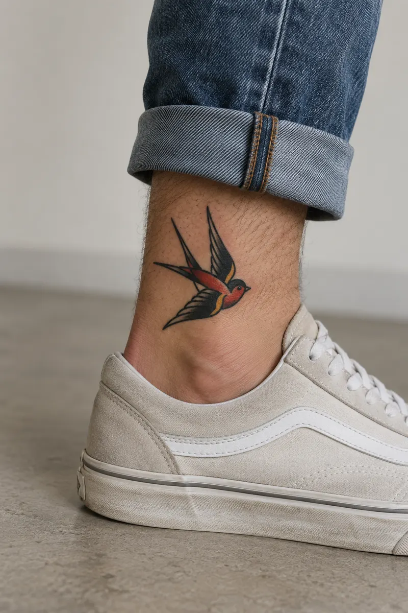 AI-generated example of an American traditional swallow tattoo on a man's outer ankle