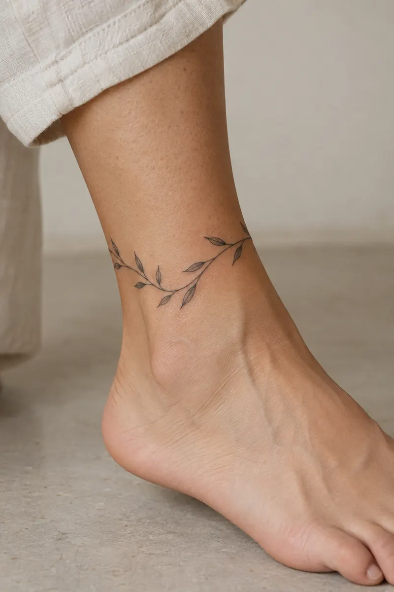 AI-generated example of a minimalist olive vine tattoo wrapping a woman's ankle