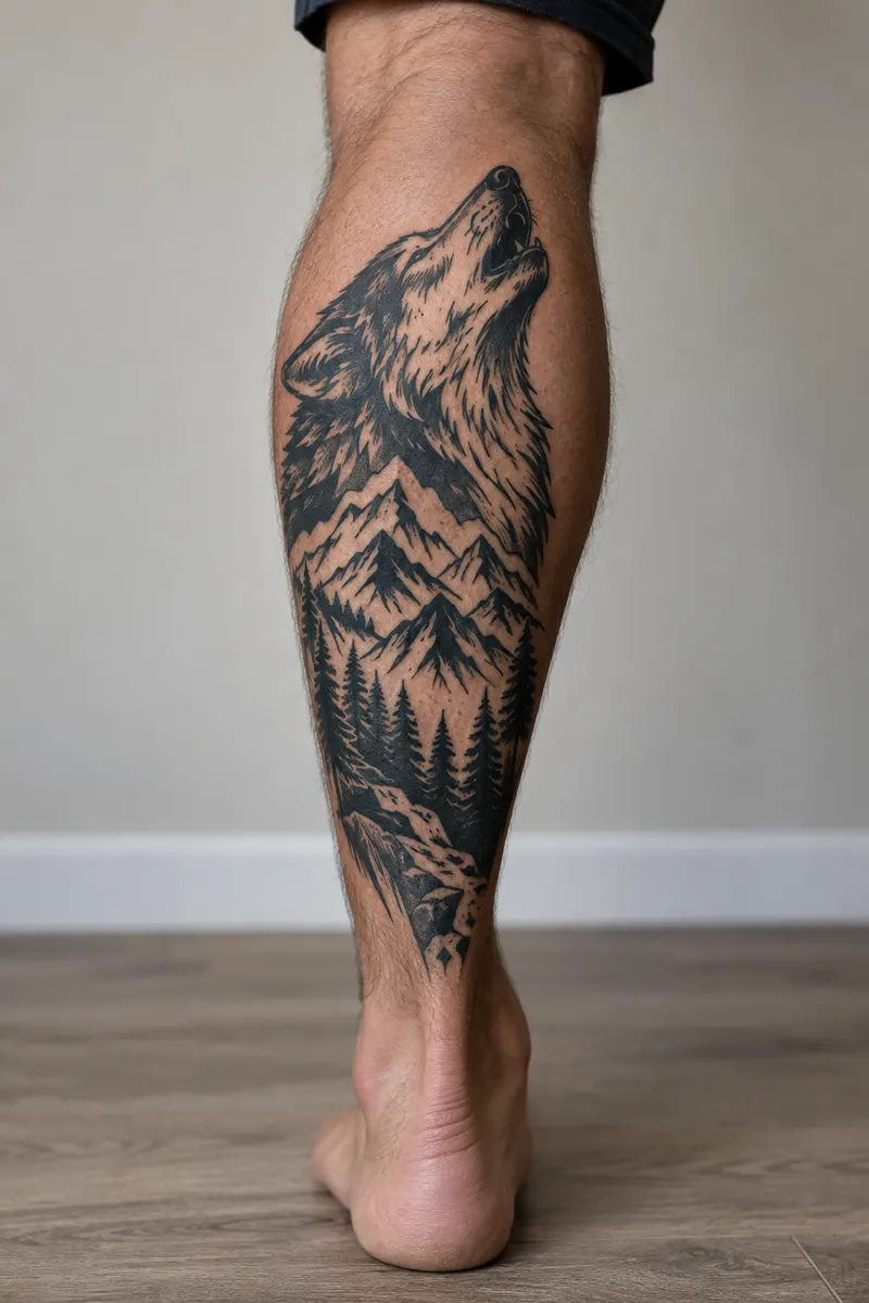 AI-generated example of a blackwork wolf and mountain tattoo on the back of a man's calf