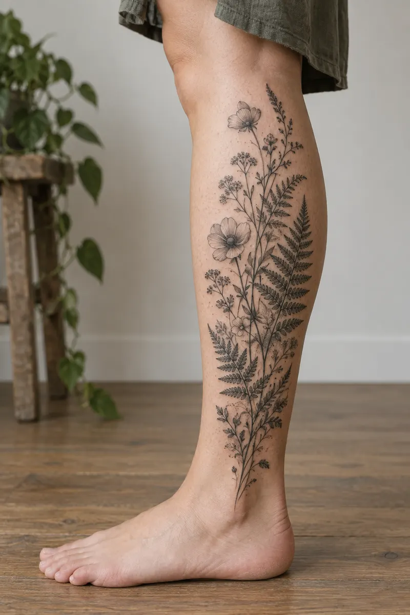AI-generated example of a black and grey wildflower and fern tattoo on a woman's calf
