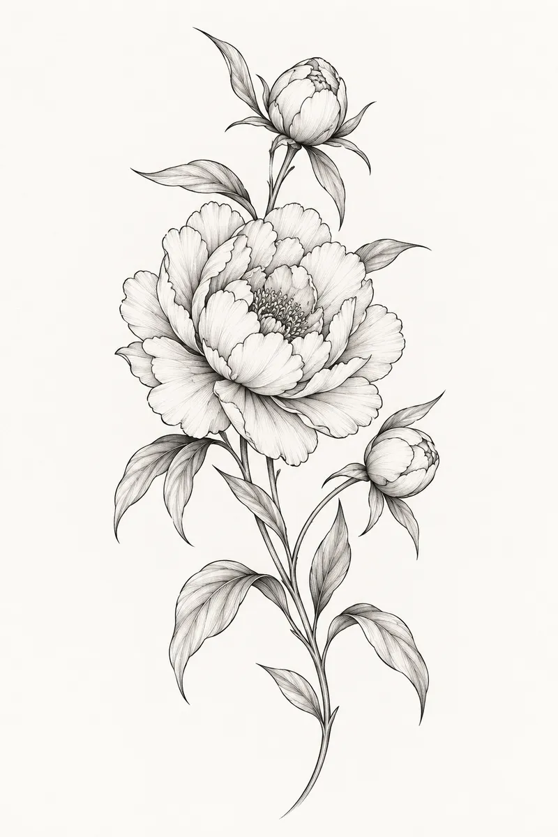 Example fine-line peony branch tattoo design composed vertically for a thigh