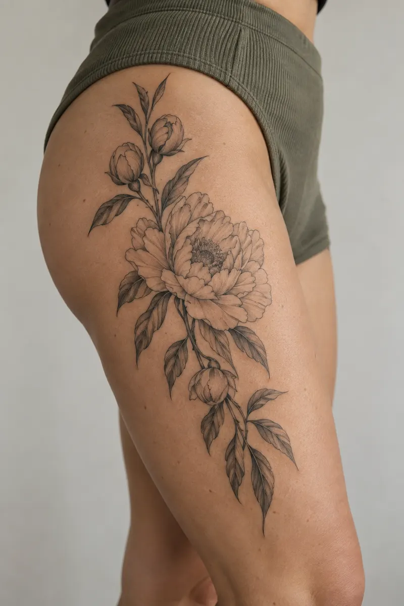 AI-generated example of a fine-line peony branch tattoo on a woman's outer thigh