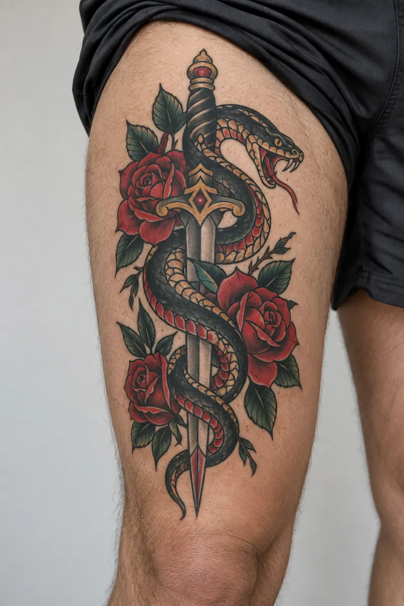 AI-generated example of a neo-traditional snake and dagger tattoo with roses on a man's thigh