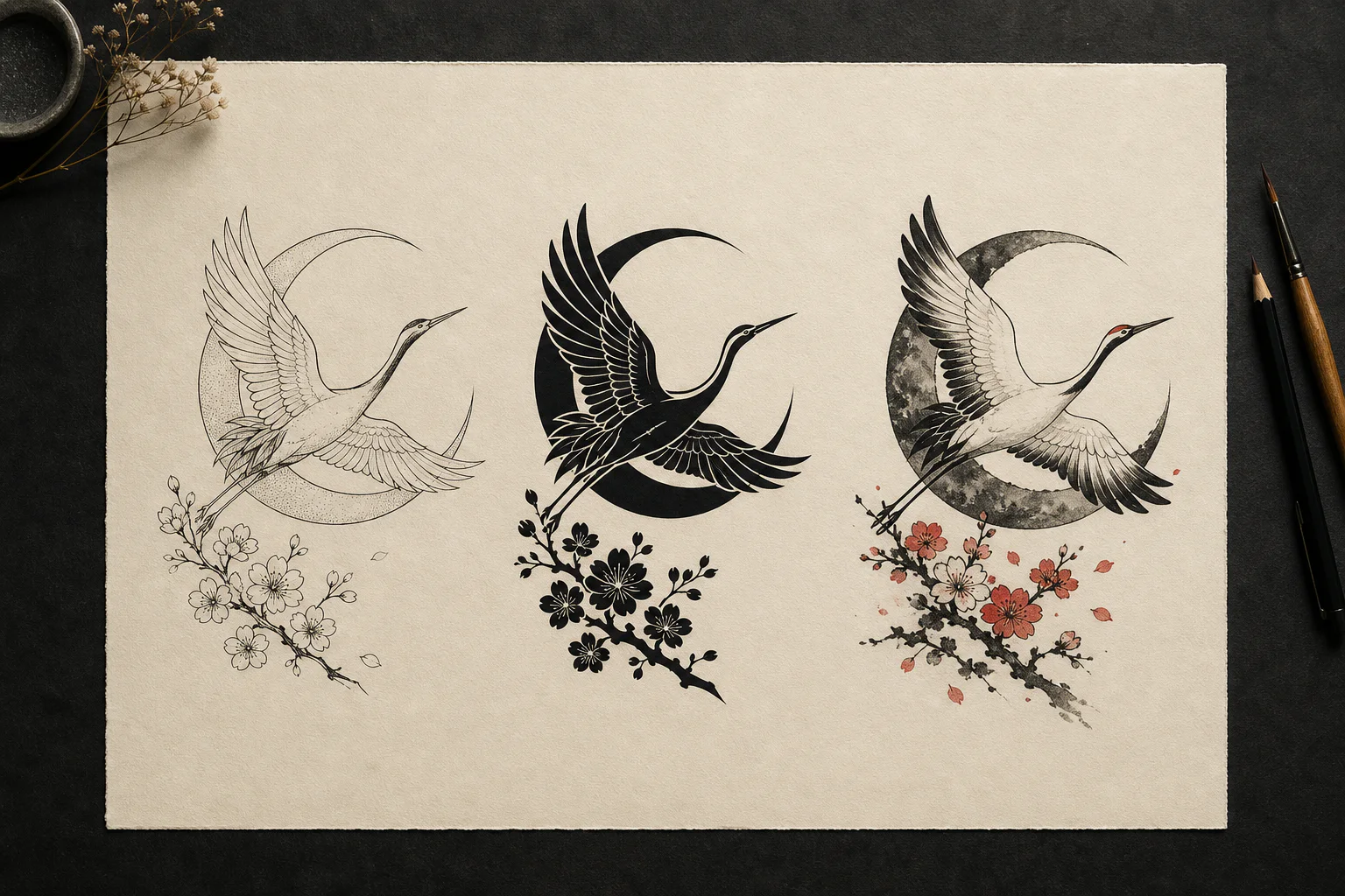The same crane and crescent moon tattoo idea compared in fine-line, blackwork, and Japanese-inspired styles