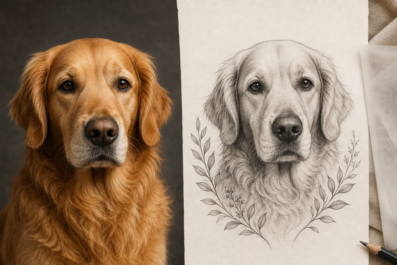 Side-by-side study of a dog photo converted into a fine-line memorial tattoo design