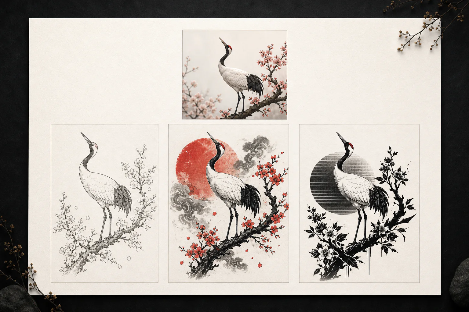 A crane reference above three tattoo concepts in fine-line, Japanese-inspired, and blackwork styles.