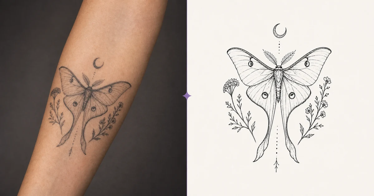 AI demonstration comparing a luna moth tattoo photo with a black-and-white tattoo stencil