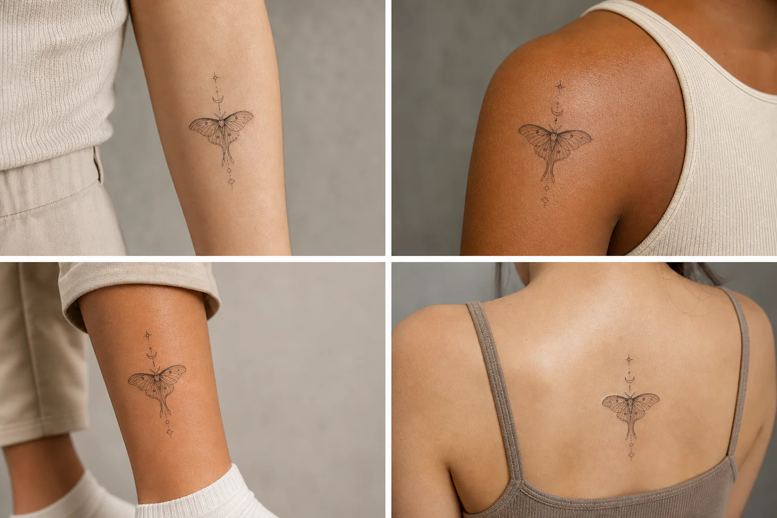 The same celestial moth tattoo previewed on a forearm, shoulder, calf, and upper back