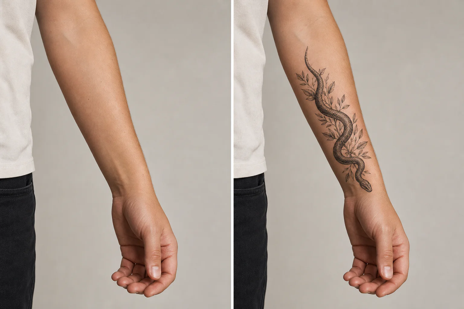 Bare forearm beside a virtual try-on preview of a botanical snake tattoo in the same pose