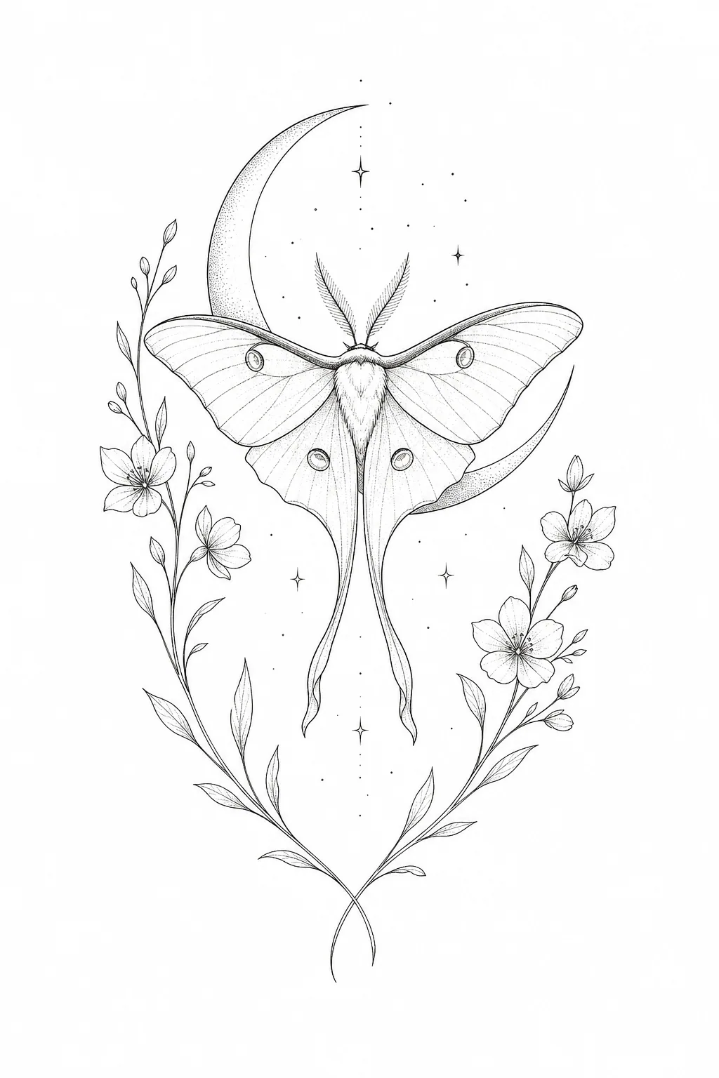 Fine line luna moth and crescent moon AI tattoo design