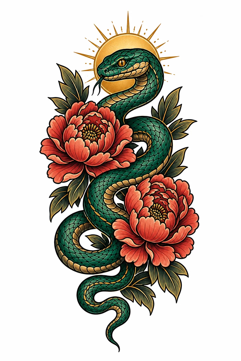 Neo-traditional snake and peony AI tattoo design