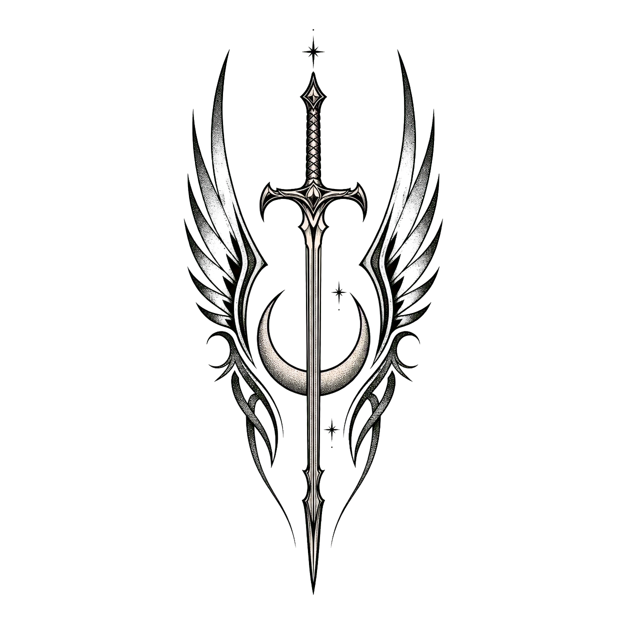 Minimalist sword, crescent moon, and wings tattoo motif