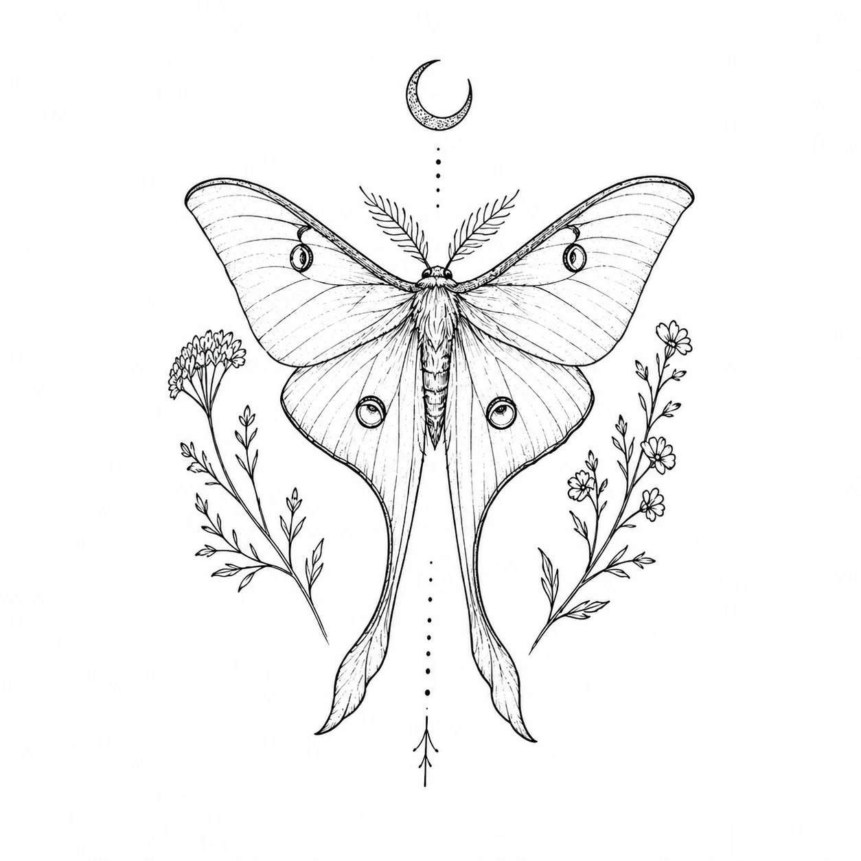Black-and-white tattoo stencil linework extracted from the same luna moth demonstration tattoo