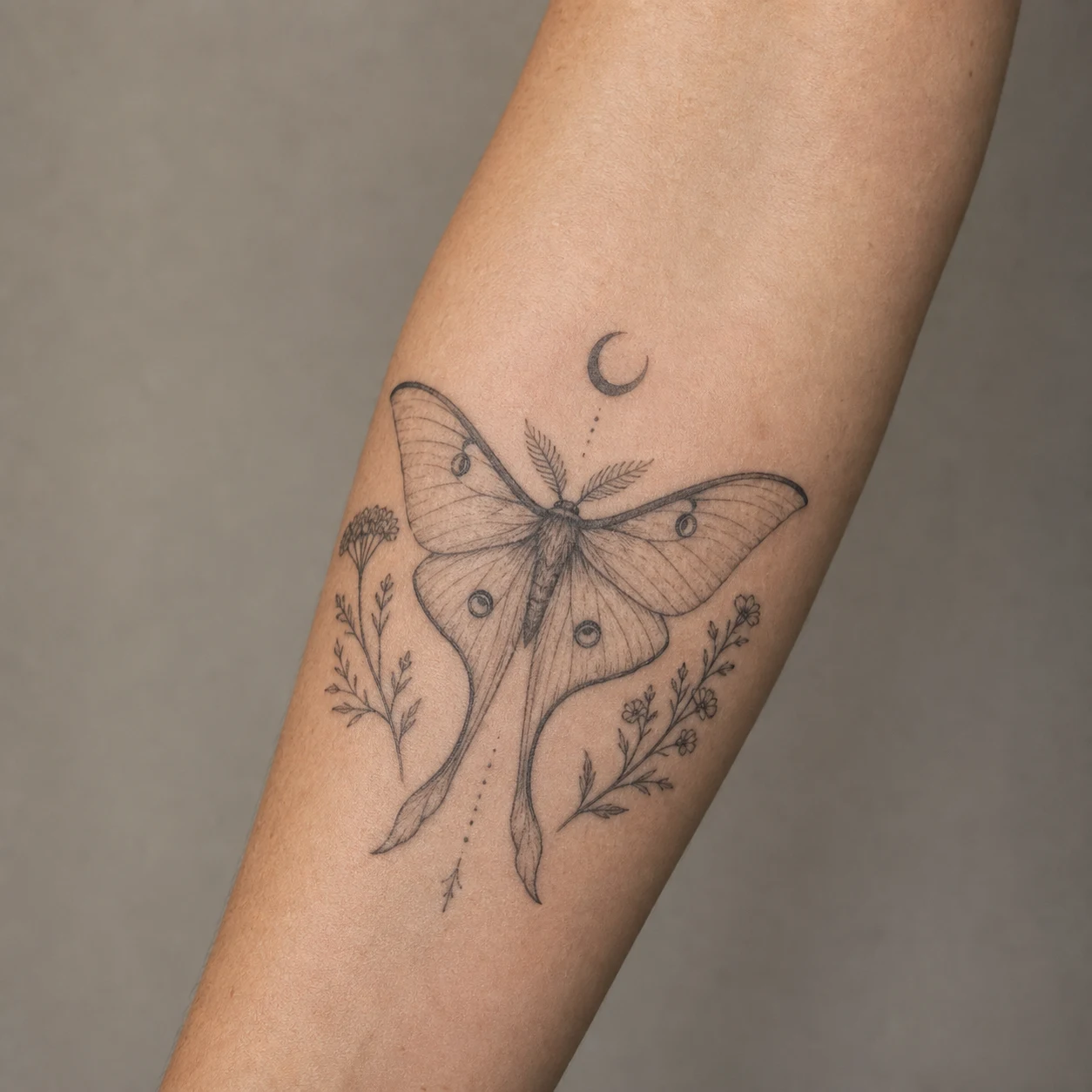 AI demonstration photo of a black-and-gray luna moth and wildflower forearm tattoo