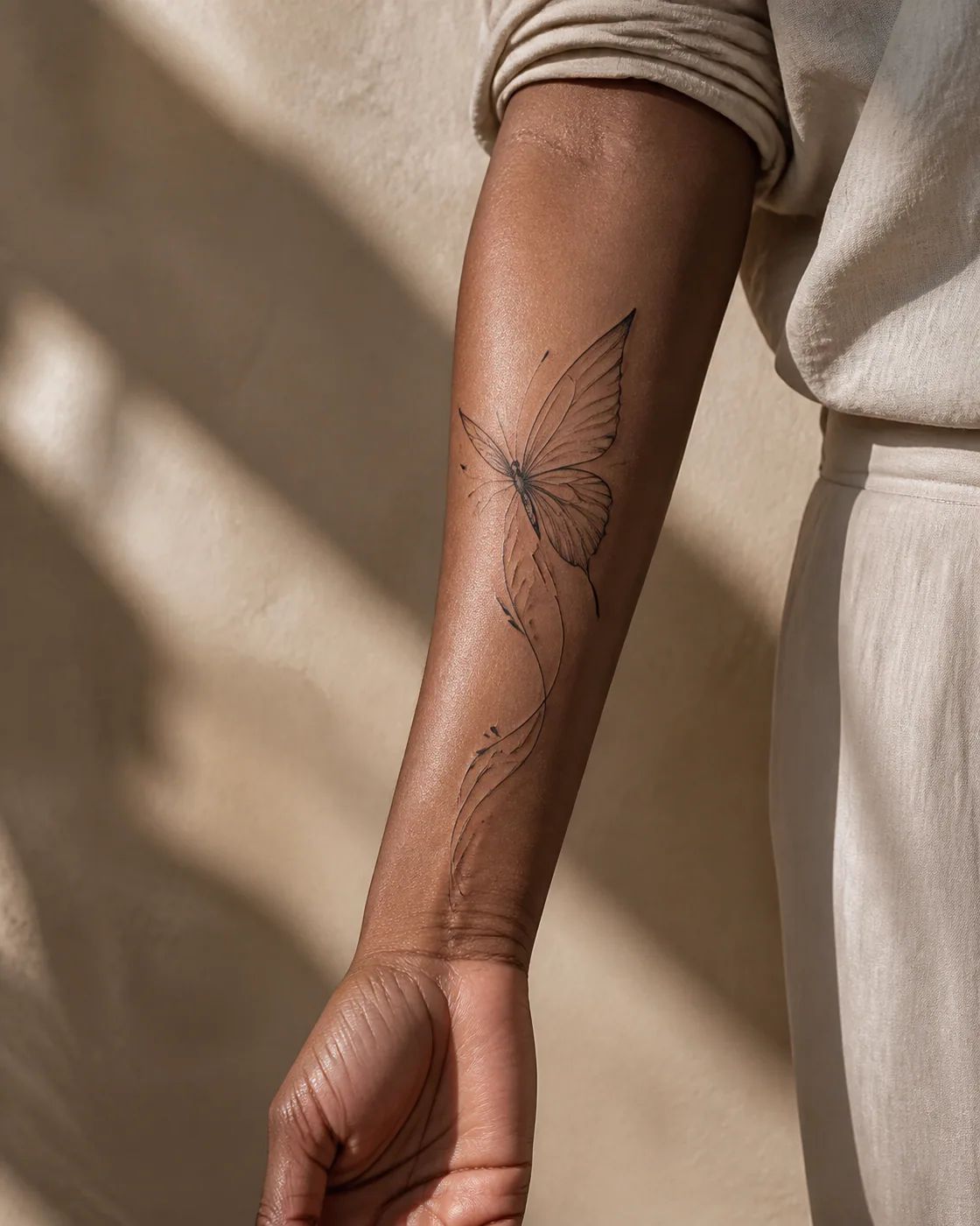 Fine Line Animal tattoo on the Forearm with a butterfly detail
