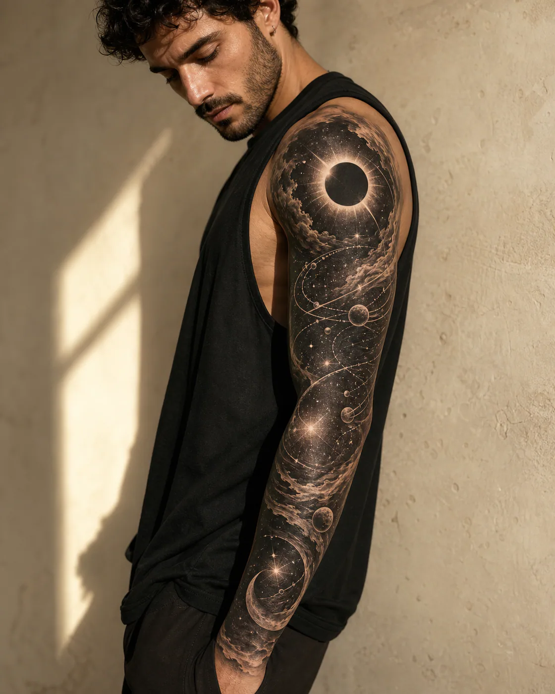 Black And Grey Celestial tattoo on the Full Sleeve