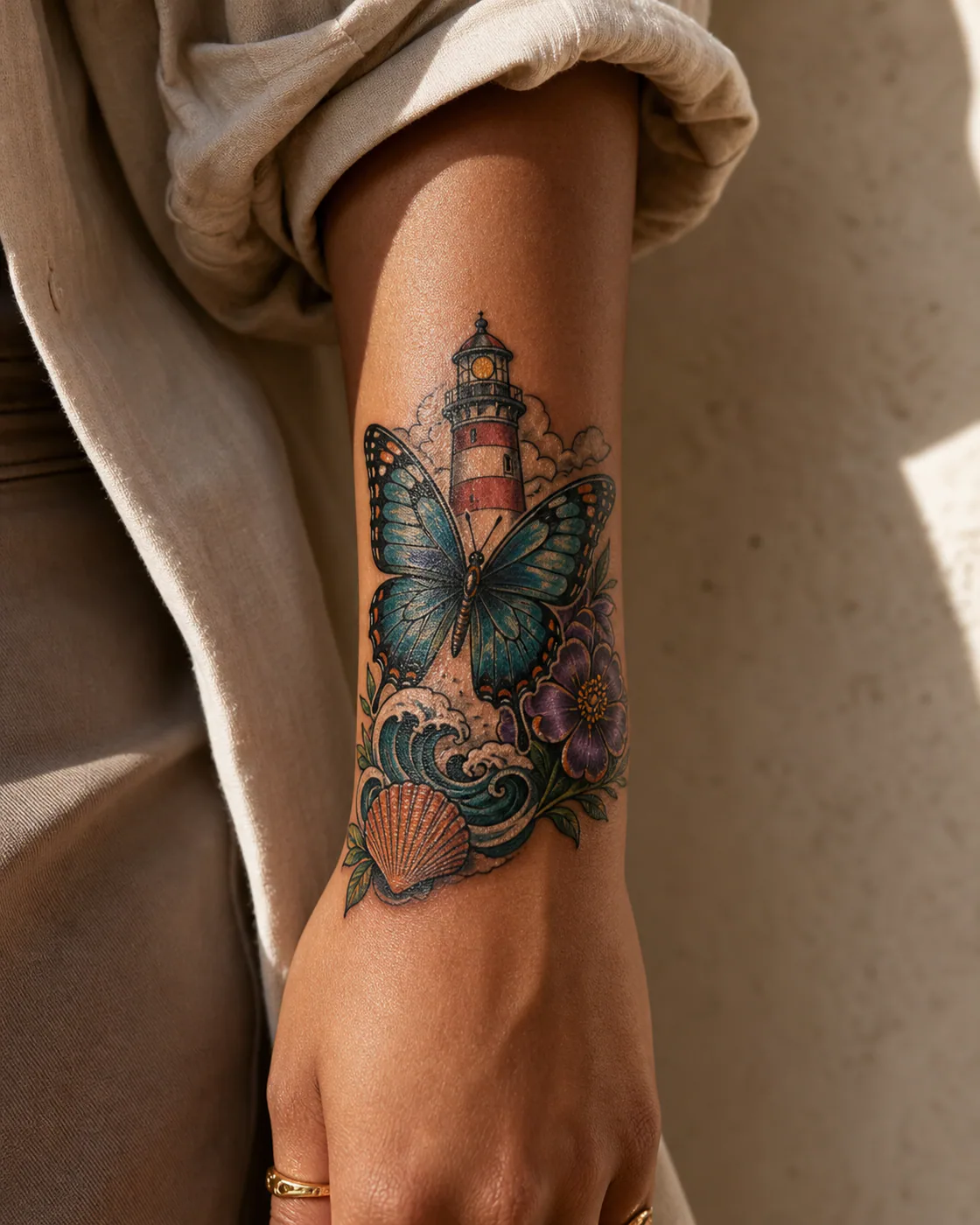 Neo Traditional Nautical tattoo on the Wrist with a butterfly detail
