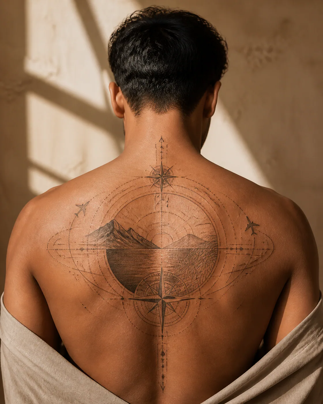 Geometric Travel tattoo on the Upper Back