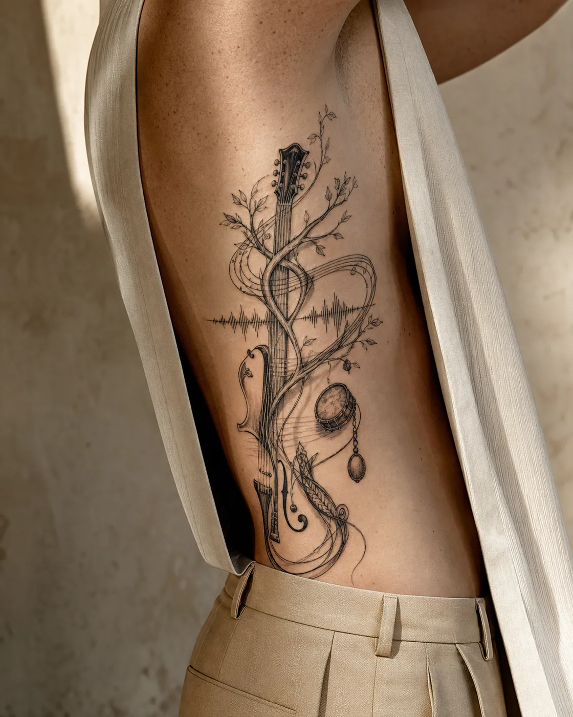 Illustrative Family Music tattoo on the Ribs