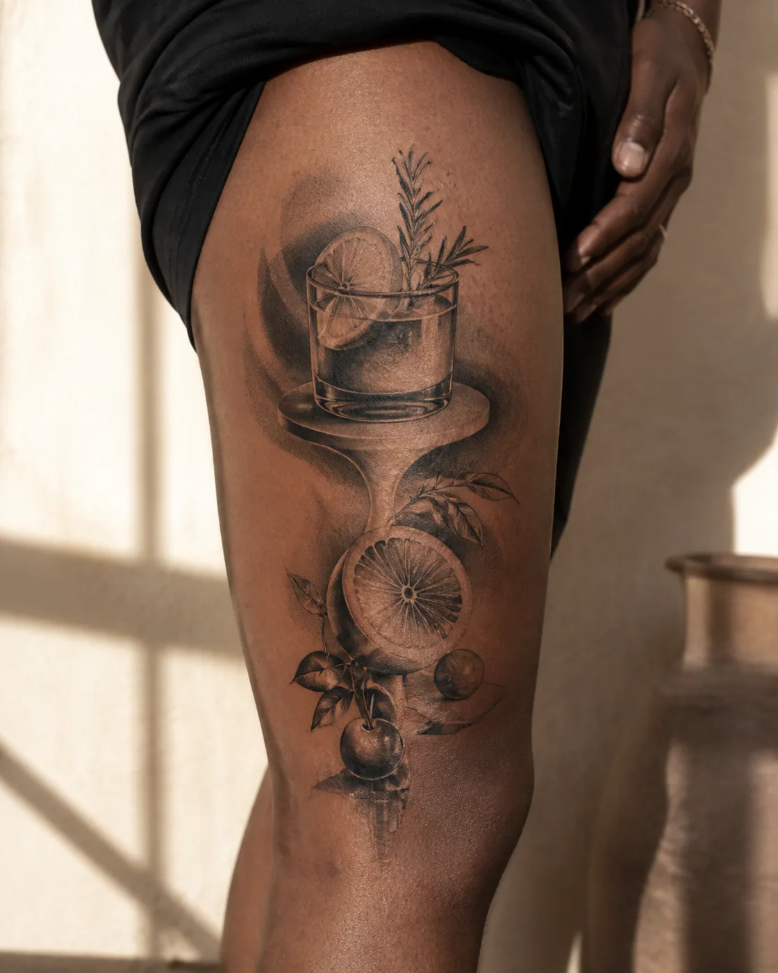 Surrealism Food tattoo on the Thigh