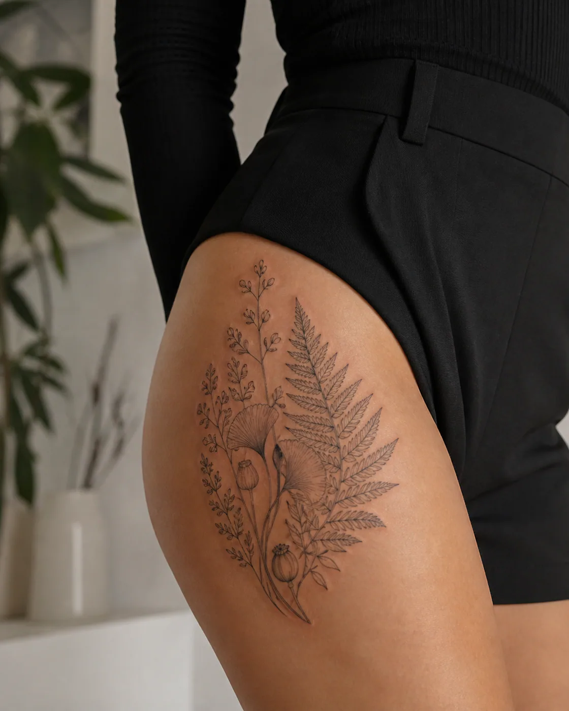 Fine Line Botanical tattoo on the Hip