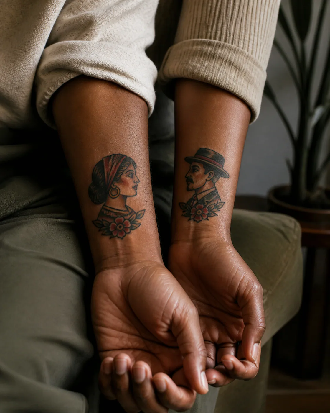 American Traditional Couple Portrait tattoo on the Wrist