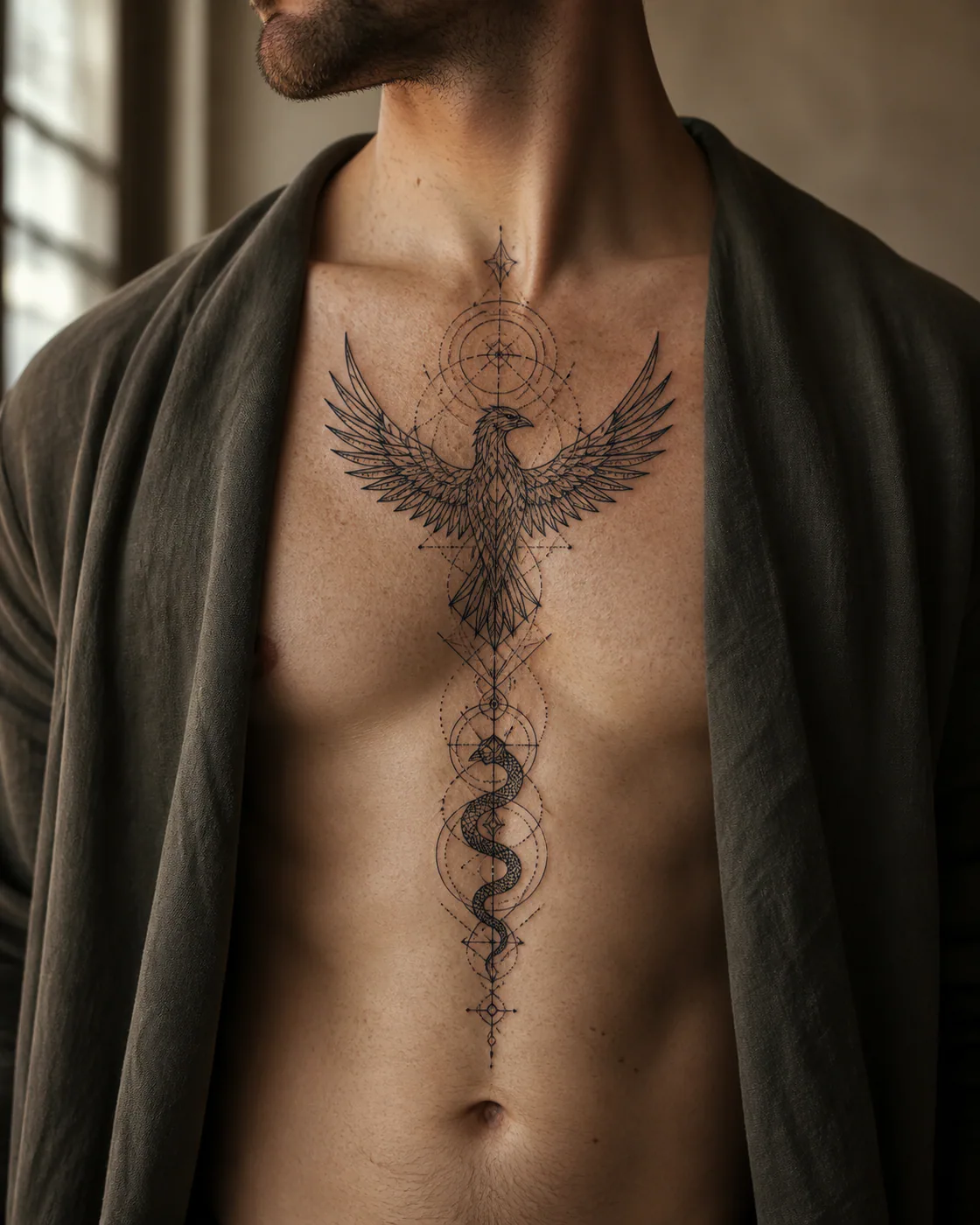 Geometric Mythic tattoo on the Sternum