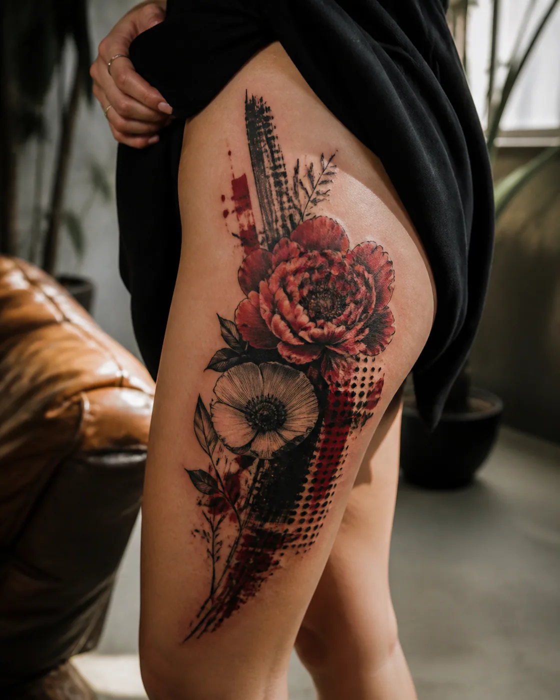 Trash Polka Flower tattoo on the Thigh