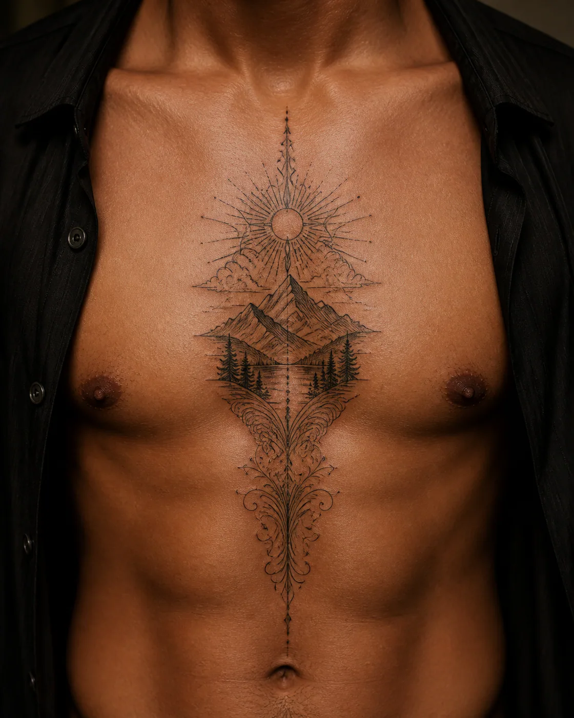 Ornamental Nature tattoo on the Sternum