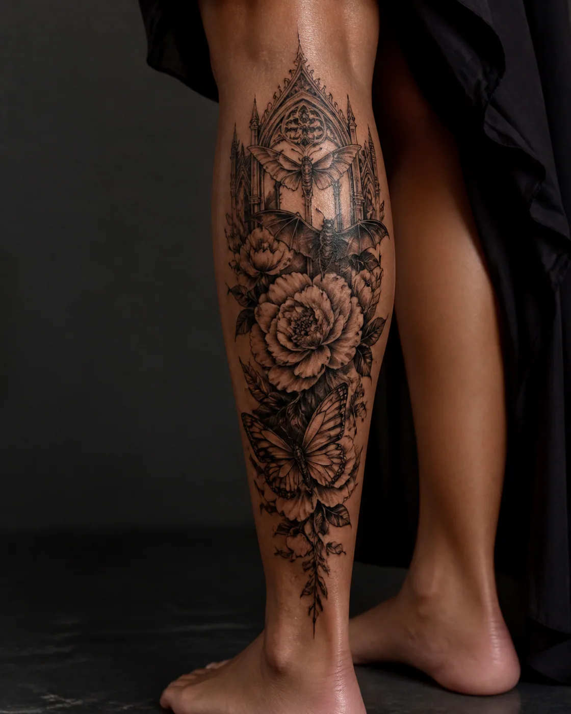 Floral Gothic tattoo on the Calf with a butterfly detail