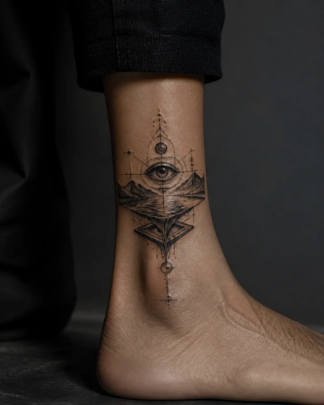 Cyber Sigilism Surreal tattoo on the Ankle