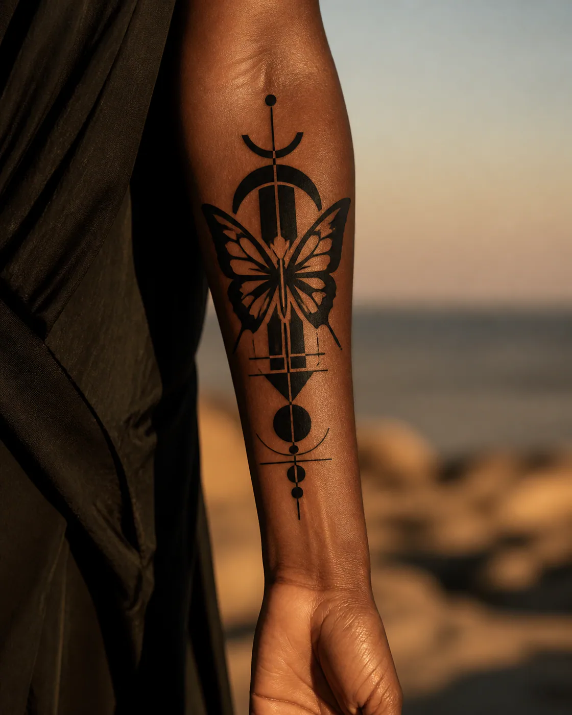Blackwork Geometric tattoo on the Forearm with a butterfly detail