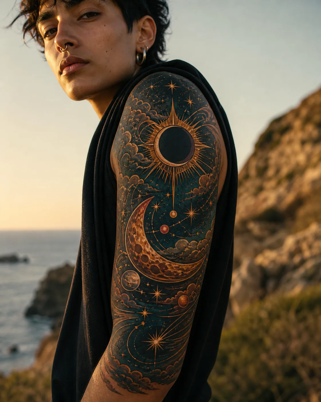 Neo Traditional Celestial tattoo on the Half Sleeve