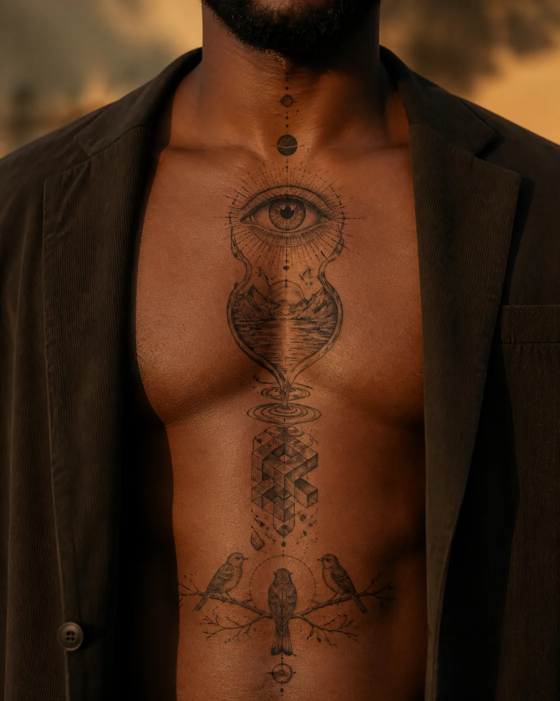 Illustrative Family Surreal tattoo on the Sternum