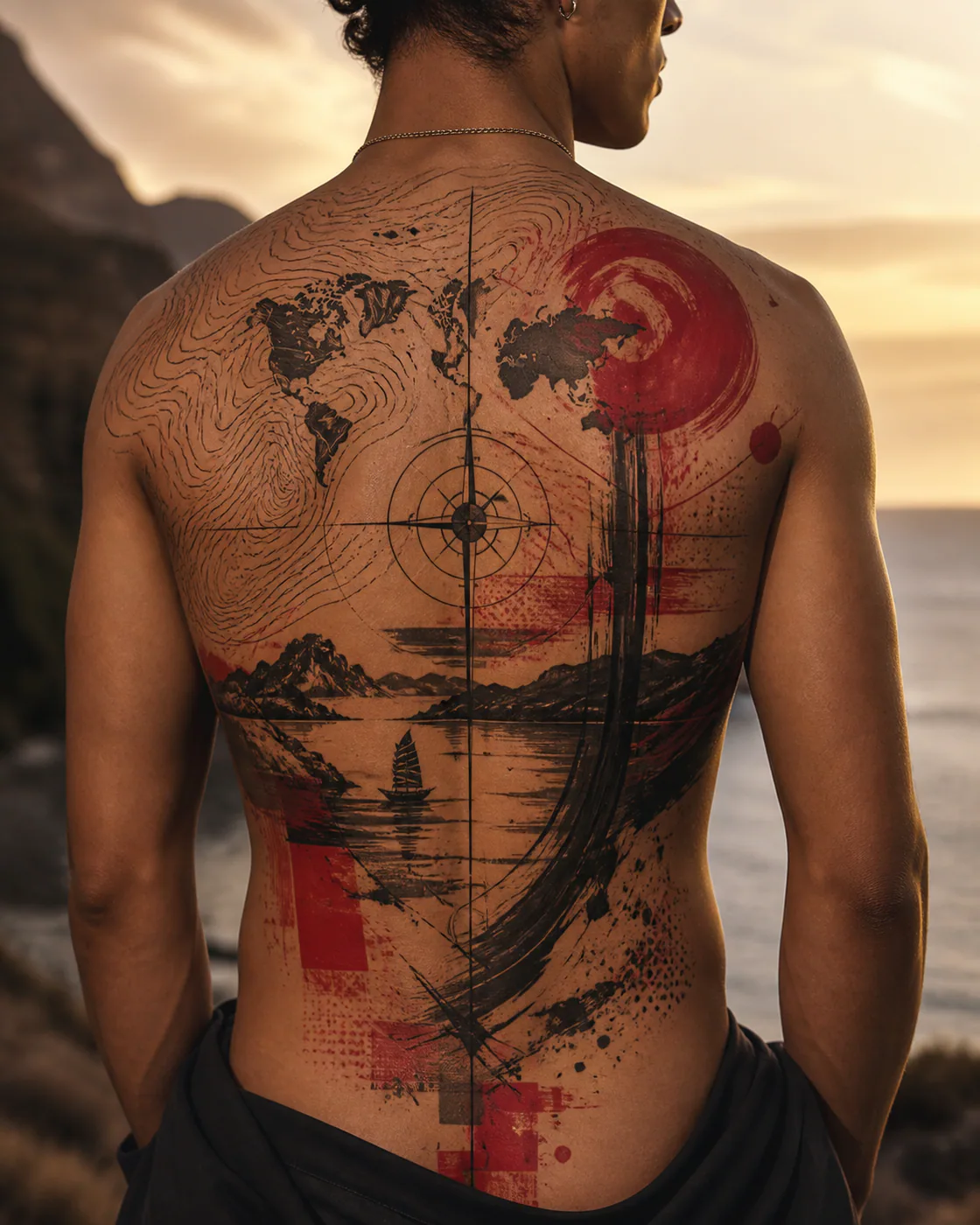 Trash Polka Travel tattoo on the Full Back