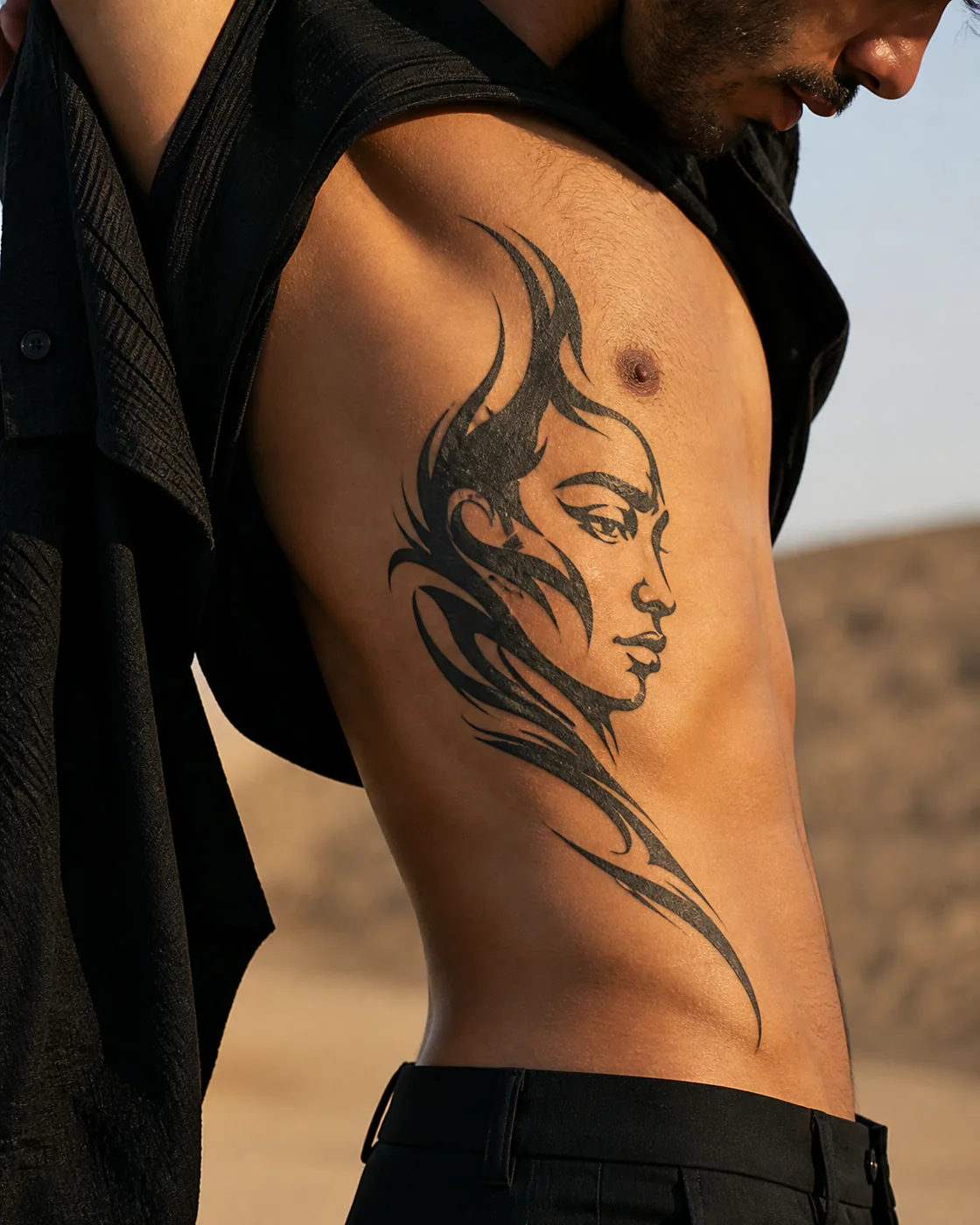 Tribal Portrait tattoo on the Ribs