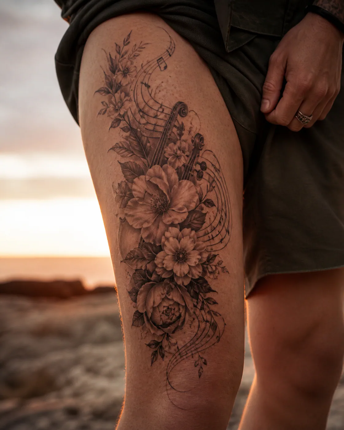 Floral Music tattoo on the Thigh
