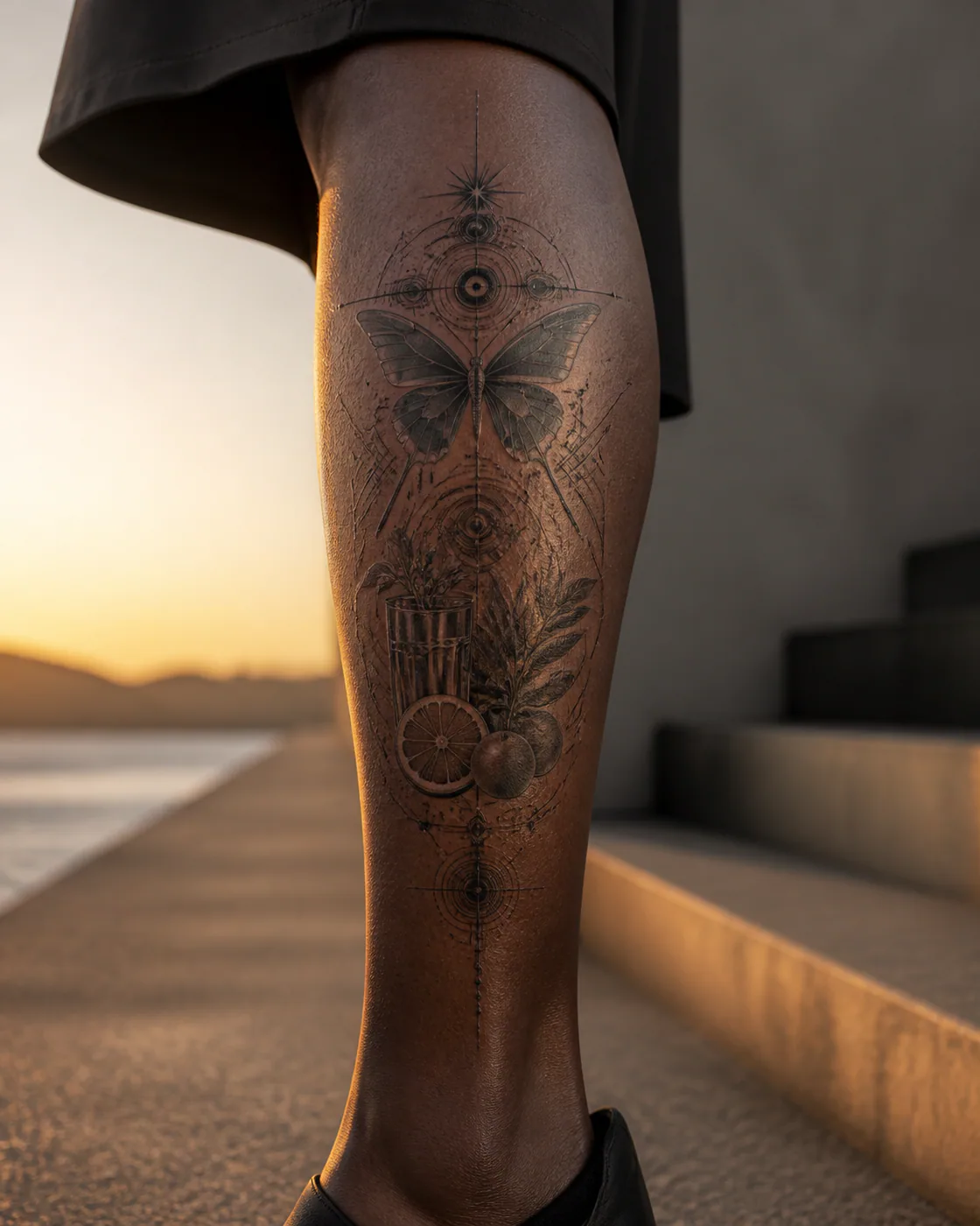 Cyber Sigilism Food tattoo on the Calf with a butterfly detail