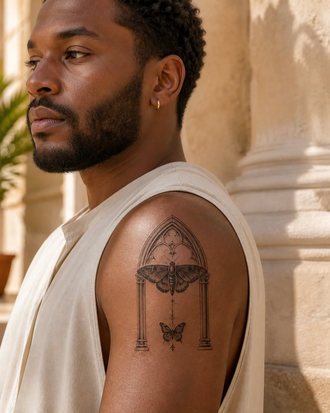 Minimalist tattoo of a cathedral arch sheltering a velvet-winged moth with an integrated butterfly on the shoulder cap