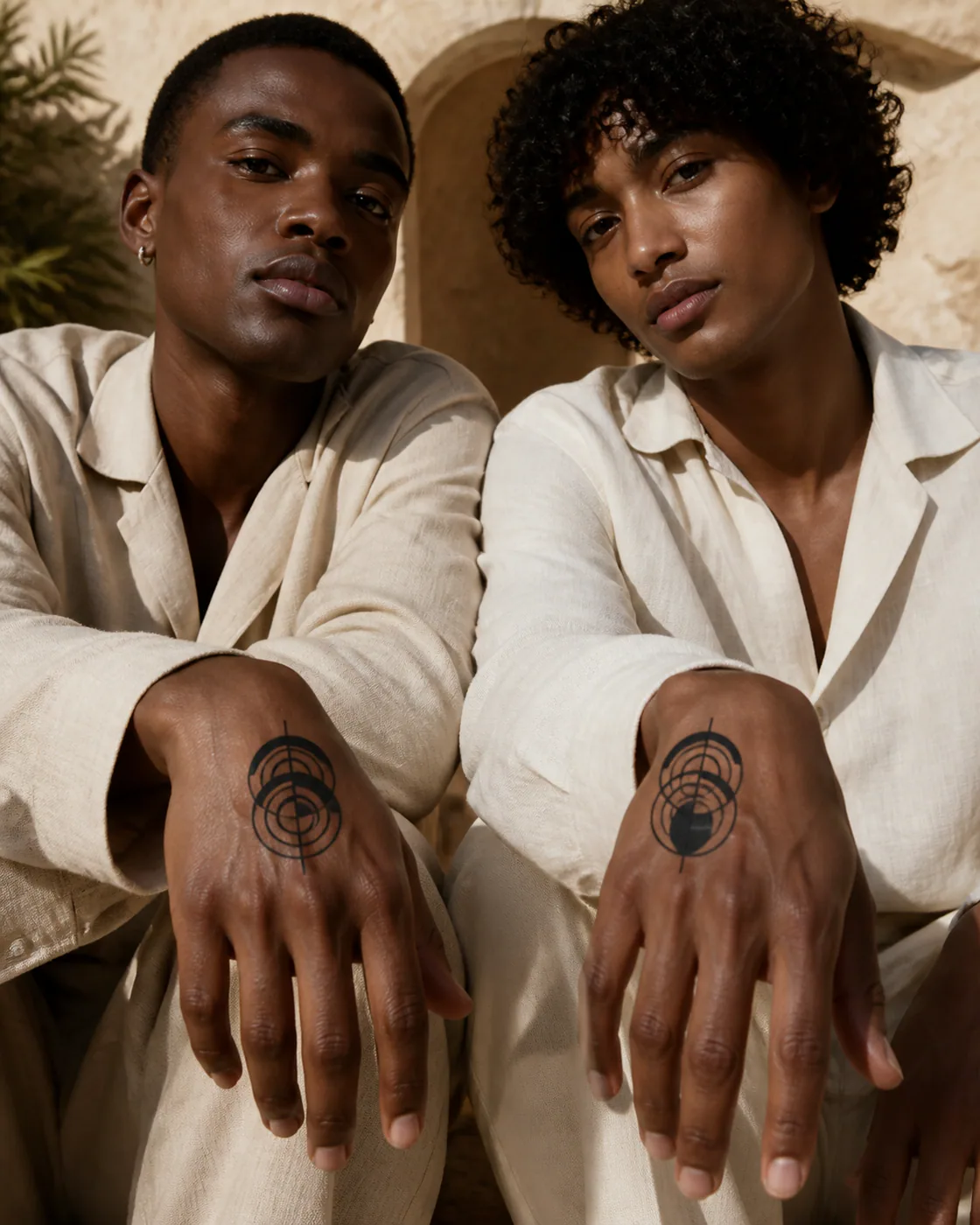 Blackwork tattoo of nested arcs intersecting one offset vertical axis as a complementary couple tattoo pair on the back of hand