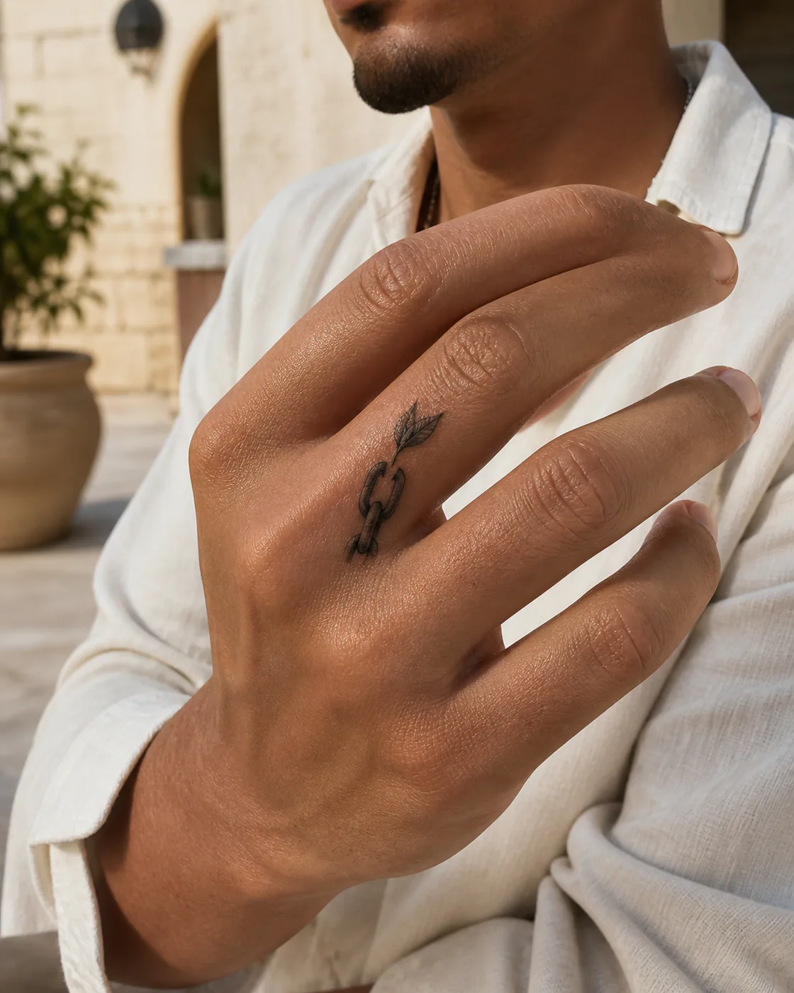 Realism tattoo of a broken chain link sprouting a resilient new leaf on the finger