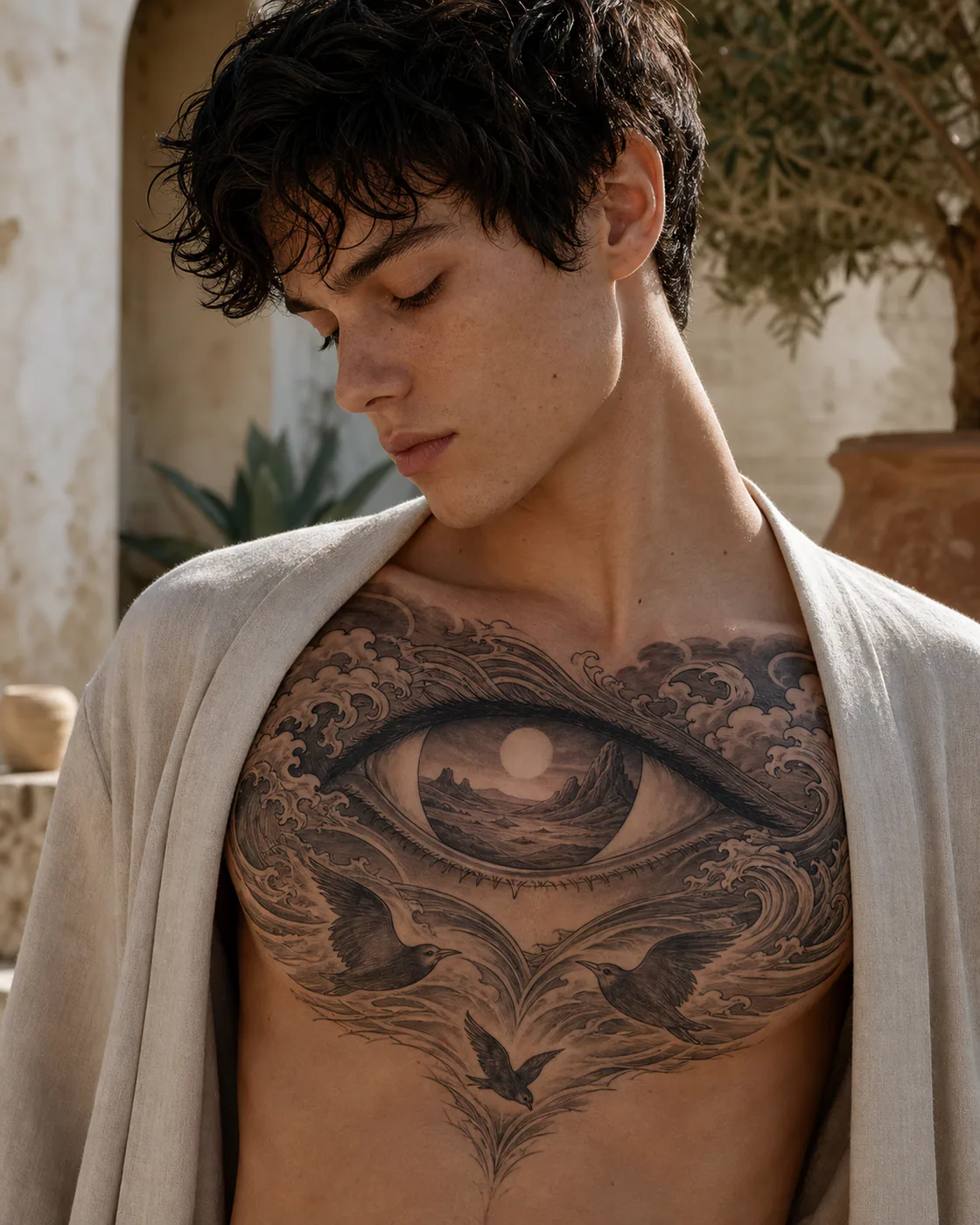 Japanese tattoo of an open eye containing a distant desert landscape with a three-part family motif on the chest