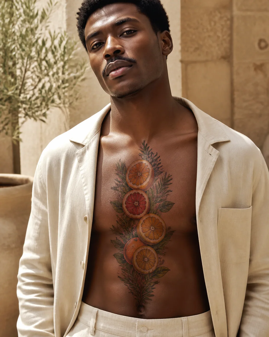 Neo-Traditional tattoo of sliced citrus and rosemary arranged as a bright still life on the sternum